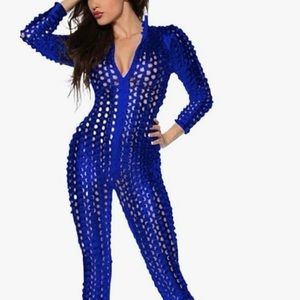 Women's Blue Sexy Hollow Cat Suit One Piece Metallic Sexy  Clubwear Costume - L